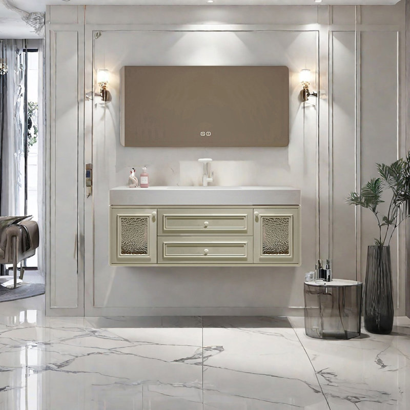 French cream style smart bathroom cabinet, Light Green, 19.68" H x 55.11" W x 21.65" D