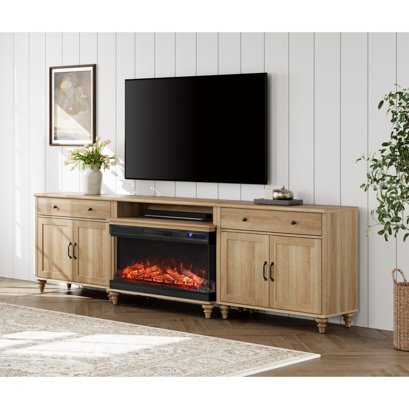 Scarlett Farmhouse TV Stand With 36" Electric Fireplace For Tvs Up To 100'', Home Entertainment Center With 8 Storages For 75/80/85/90 Inch TV