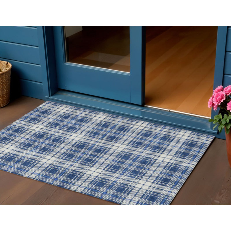 3' X 5' Navy Blue And Ivory Plaid Washable Indoor Outdoor Area Rug
