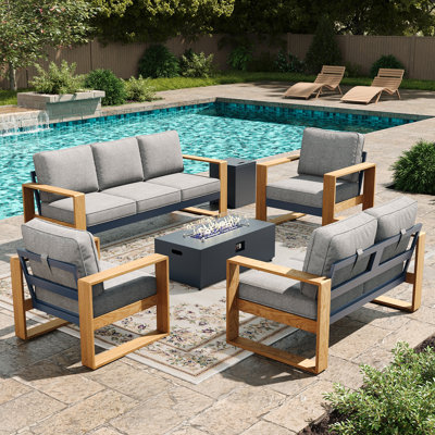  5 Pieces Aluminum Patio Furniture Set With Fire Pit Table, Oversized Seat With Hight Back Outdoor Conversation Sets