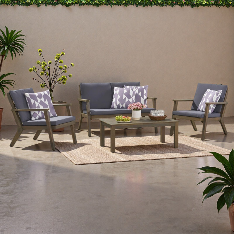 Ensemble de conversation d'extérieur 4 places en bois d'acacia_ Causeuse et table basse et 2 fauteuils club, Gris