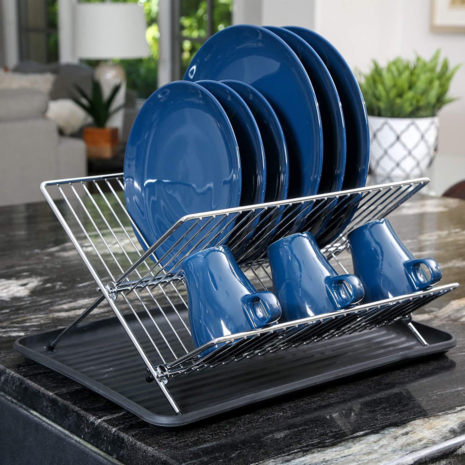 Simple Houseware Large Over Sink Counter Top Dish Drainer Drying Rack with  Drying Mat and Utensil Holder,Chrome 