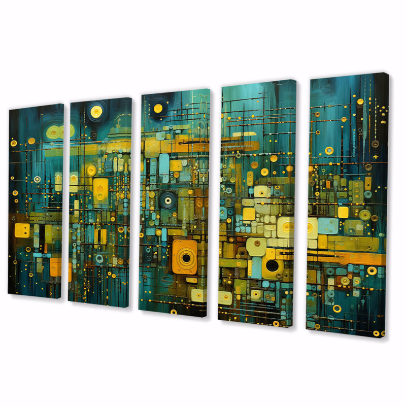 «Smooth Inner Fire Retro Geometric Collage II», art mural abstrait sur toile, 5 panneaux égaux
