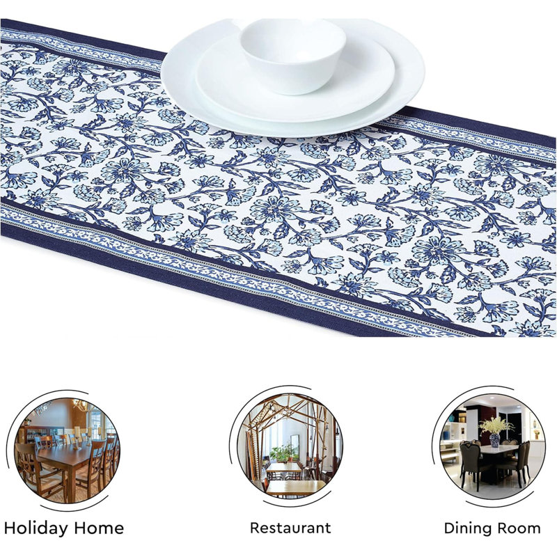 Block Printed Cotton Canvas Table Runner, Blue