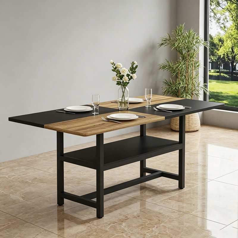 Multifunctional Dining Table,71" L × 35.4" W × 30" H, Two-Tone Spliced Top & 43.3" Storage Shelf, Ideal for Family Gatherings & Modern Spaces.