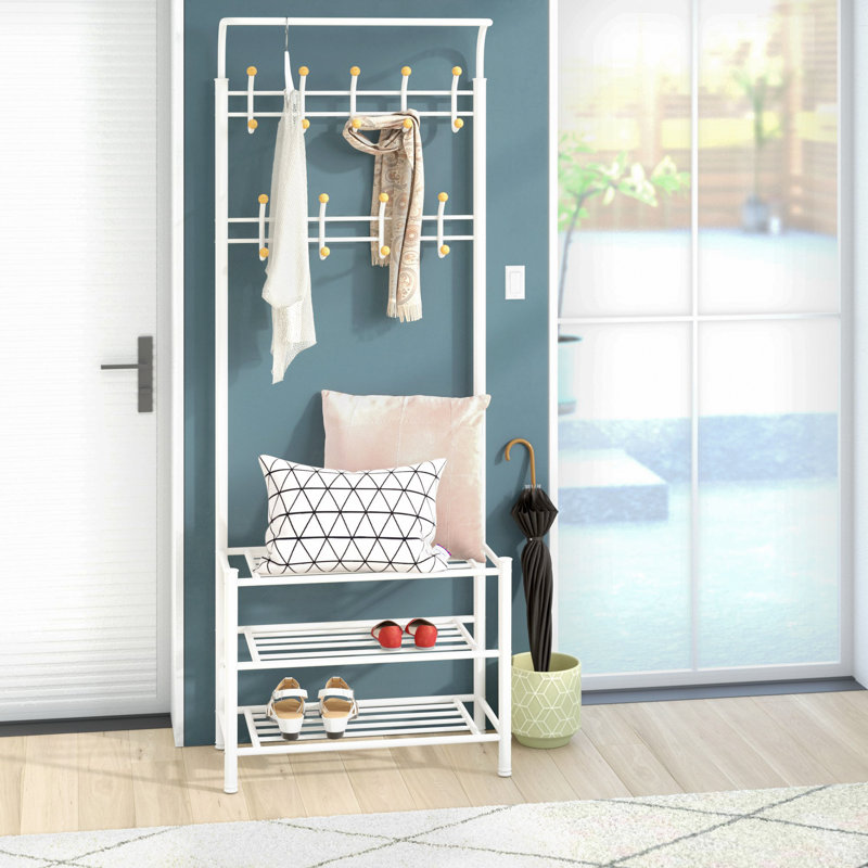 Iron Hall Tree with Shoe Storage, White