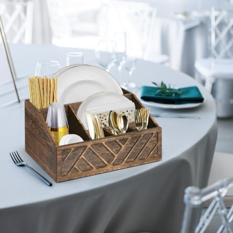 Distributeur d'assiettes en papier, porte-assiettes en papier pour comptoir de cuisine, porte-ustensiles en bois argenté rustique, boîte à couverts pour couverts