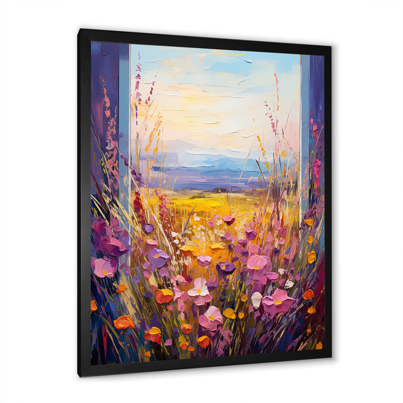 Rose et jaune, fenêtres florales, vue brise III - prairie, art mural, Cadre simple noir, H 20 po x l 12 po x P 1 po