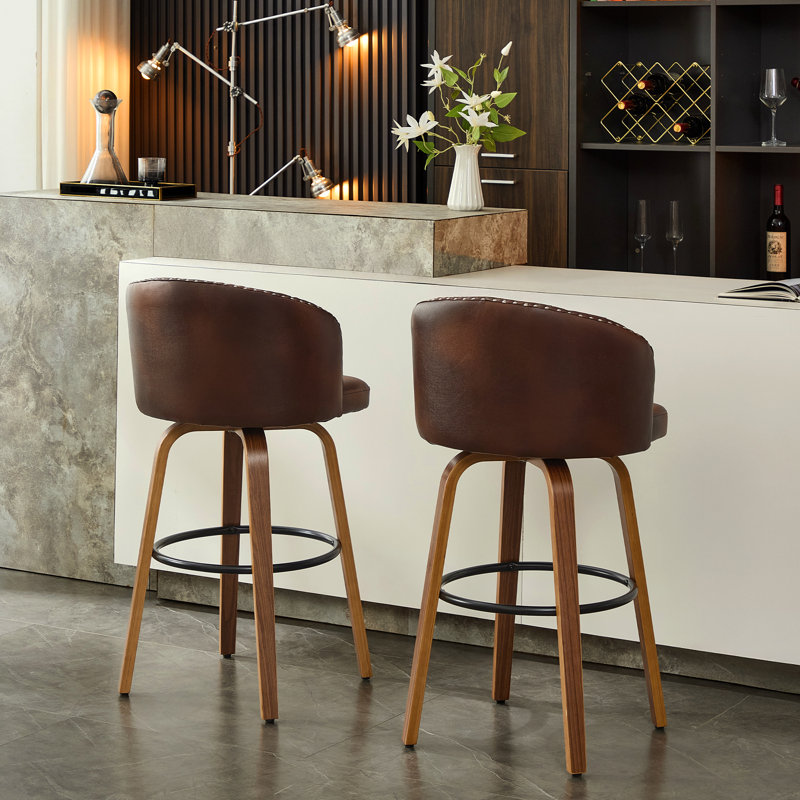 Swivel Counter Stool With Curved Wood Legs, Upholstered Tufted Back, And Nailhead Trim, Brown