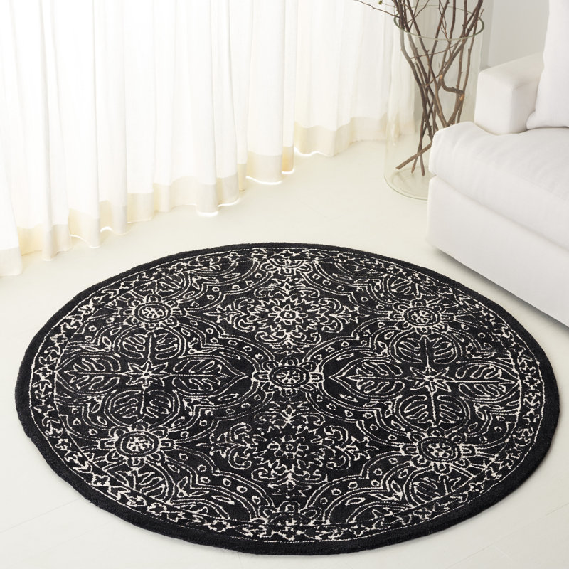 Etienne Lauren Ralph Lauren Hand Tufted Wool/Cotton Damask Rug in Ivory/Black, Round 5'