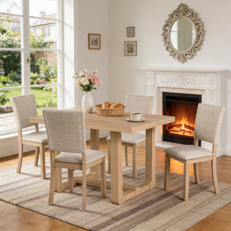 Modern 5-Piece Solid Wood Dining Table Sets For 4, Kitchen Table Set With 4 Upholstered Chairs, Beige, Natural