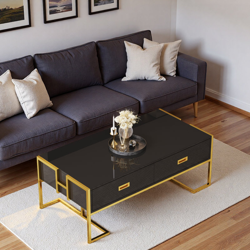 Table basse moderne moderne avec 4 tiroirs et base dorée, Noir