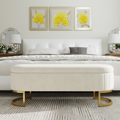 Banc coffre ottoman capitonné en velours de 130 cm avec couvercle rabattable et pieds en métal doré