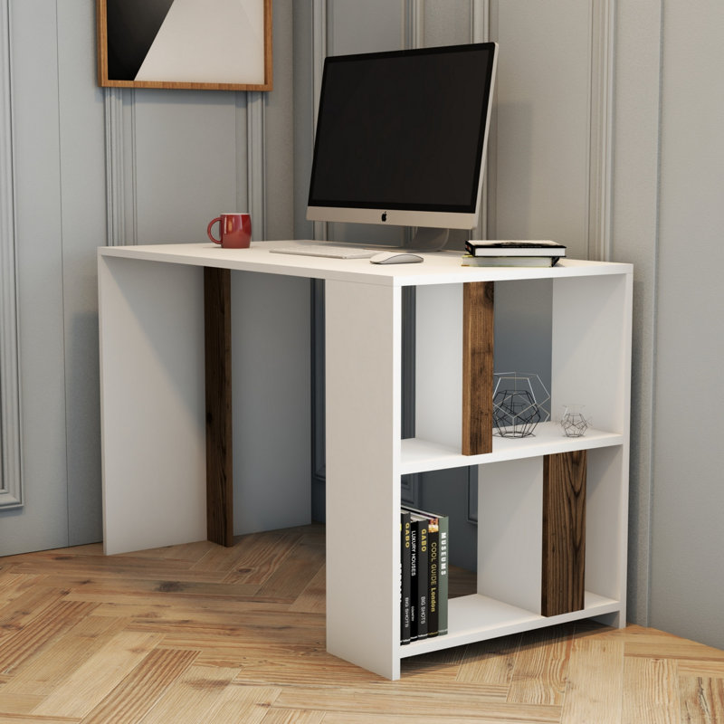 Modern Study Desk with Wall-Mount Capability, White & Walnut Finish, 47.2 x 29.7 x 23.6 inches | 100% Melamine Coated Particle Board, Durable & Stylish Design | Features Numerous Shelves for Organized Workspace
