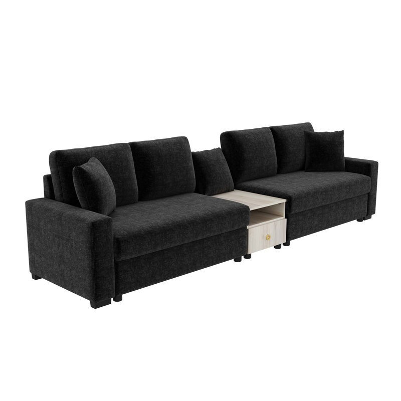 Canapé modulaire moderne avec accoudoirs de rangement et console centrale, Chenille - noir