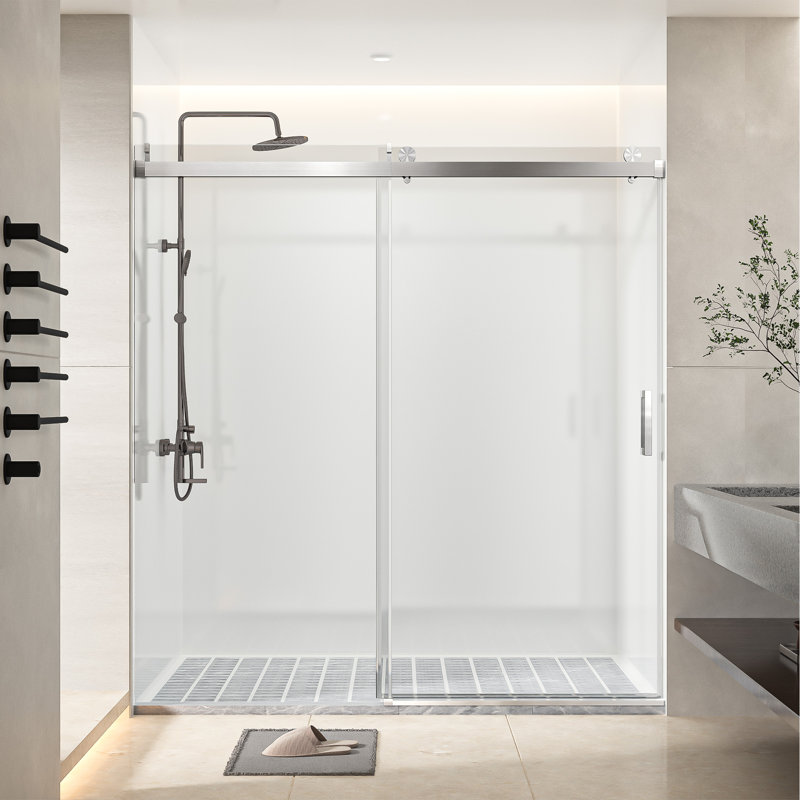 Portes de douche coulissantes simples sans cadre à fermeture en douceur de 68 à 72 po x H 76 po avec porte tampon en verre trempé de 3/8 po d'épaisseur