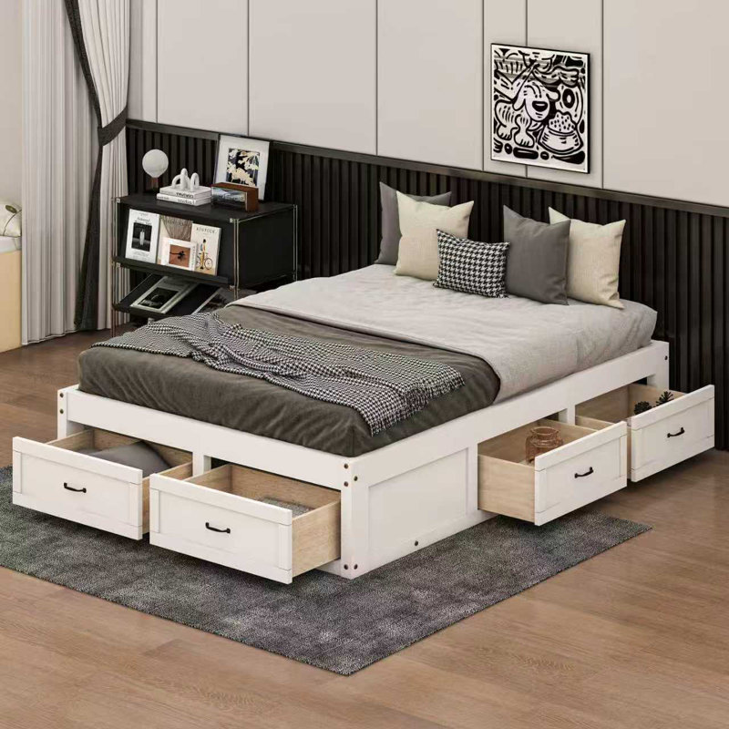 Platform Bed With Storage Drawers, Antique White, Full/Double