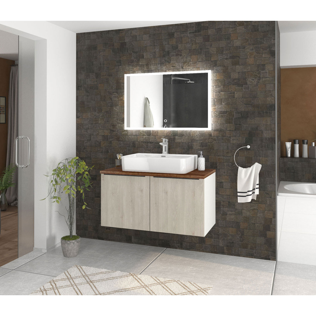 Odin washbasin with base cabinet, 96cm, alpine white / rustic oak / oak, metal handles