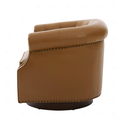 Fauteuil d'appoint pivotant à 360 ° en similicuir rembourré avec dossier incurvé Fauteuil club pivotant avec capitonnage et base en bois cintré pour le salon et la chambre à coucher
