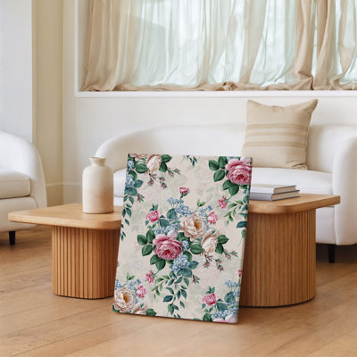 Toile, papier peint à motif floral rétro avec roses luxuriantes dans un art mural, nuances douces de rose et de crème entrecoupées d'art mural sur toile