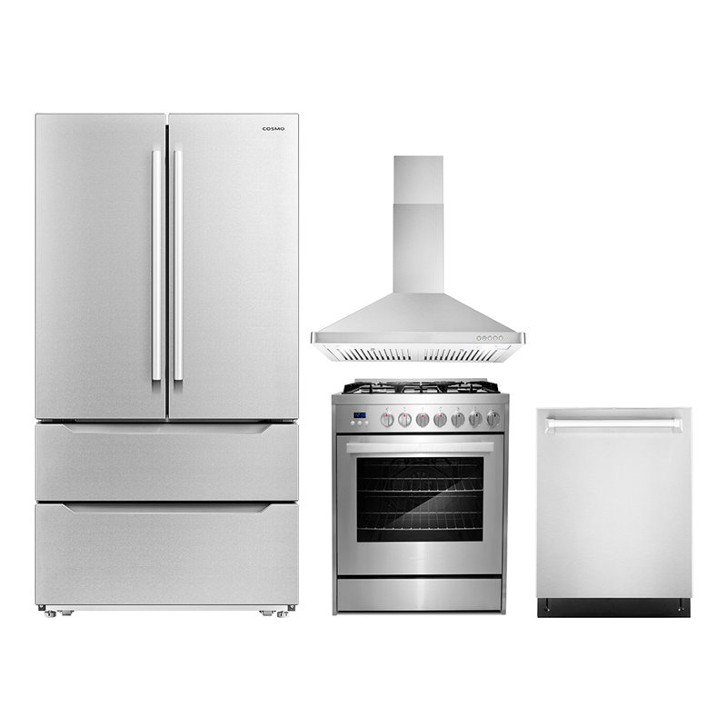 Cosmo 4 Piece Kitchen Appliance Package with French Door Refrigerator 30'' Gas Freestanding Gas Built-In Wall Mount Range Hood
