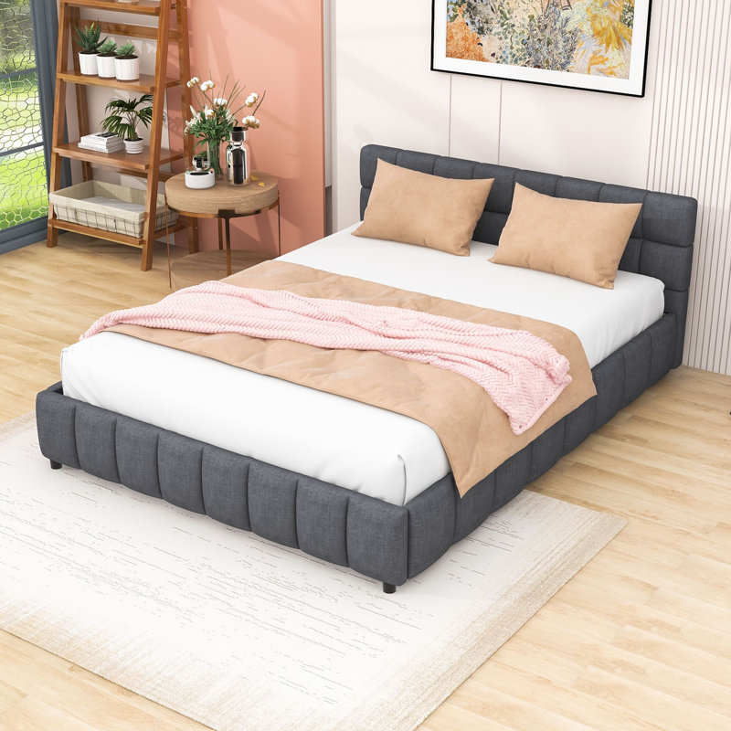 Lit plateforme Queen en lin rembourré avec 4 tiroirs de rangement, Grey