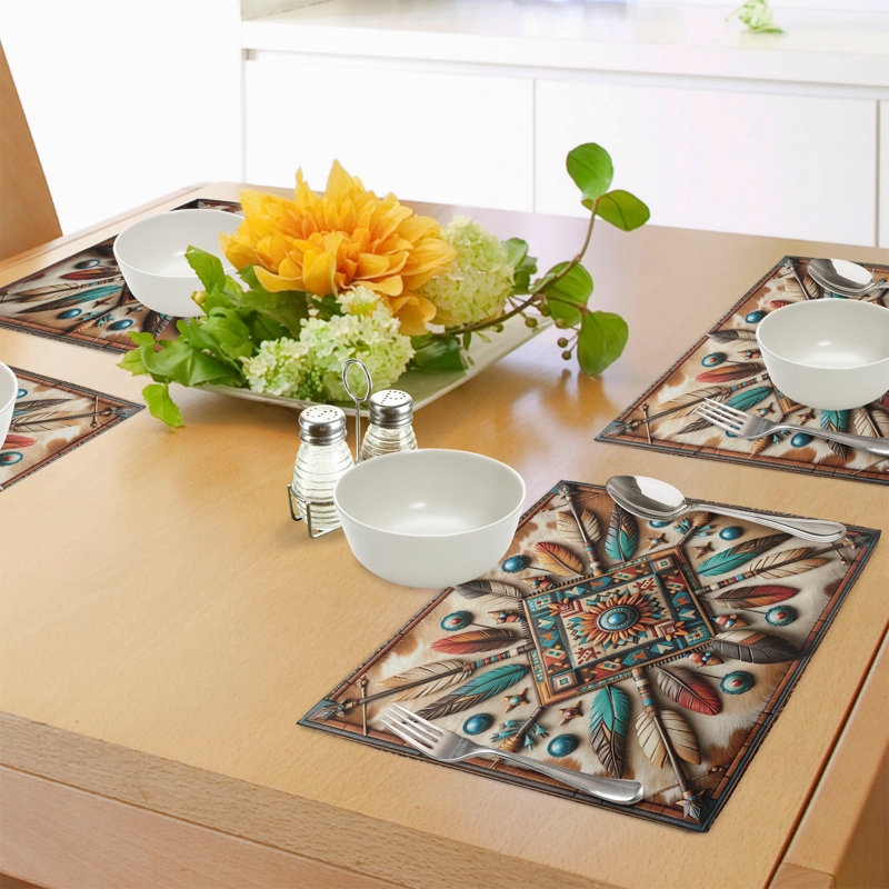 Southwestern Turquoise Cocoa and Redbrown Polyester Rectangle Placemats Set