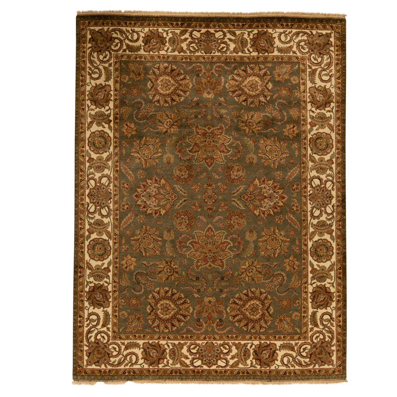 Tapis vert foncé et ivoire noué à la main de haute qualité