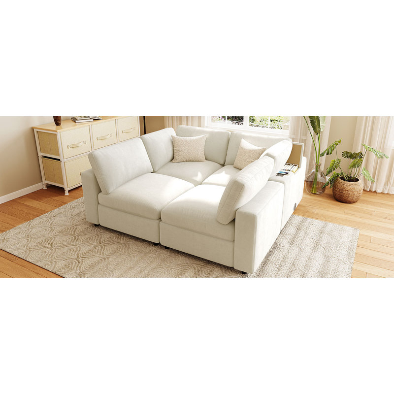 Canapé modulaire de 113 po avec tissu chenille et charge intelligente 113 po, Chenille beige