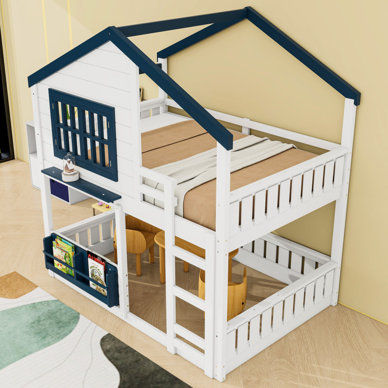Lit superposé en bois avec bibliothèque et échelle, Lit superposé double sur double, Blanc / Bleu