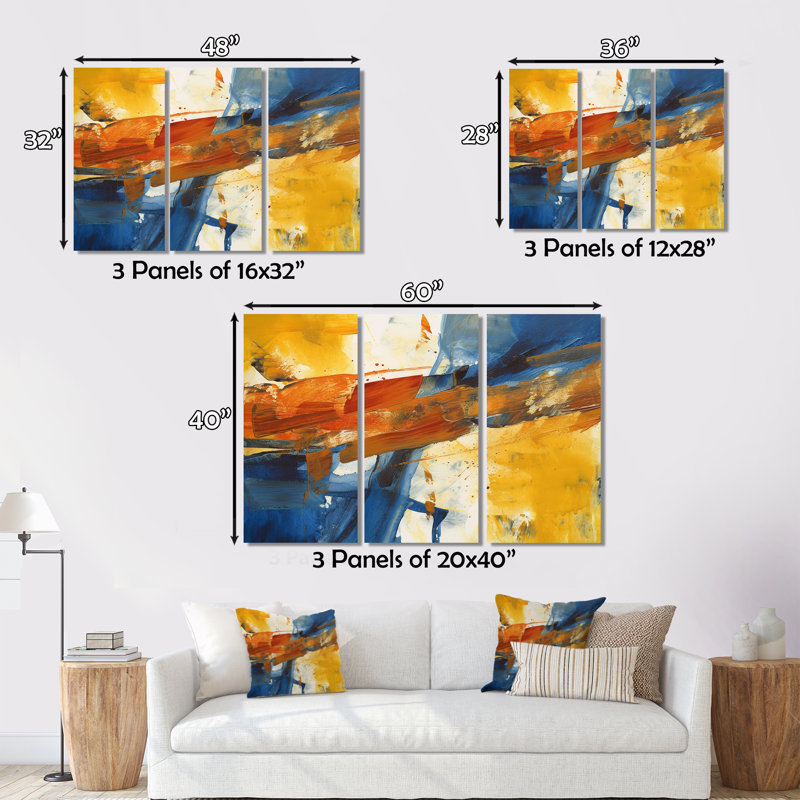 «Evening Glow», impression abstraite orange et bleu royal sur toile, 3 pièces, H 28 po x l 36 po x P 1 po