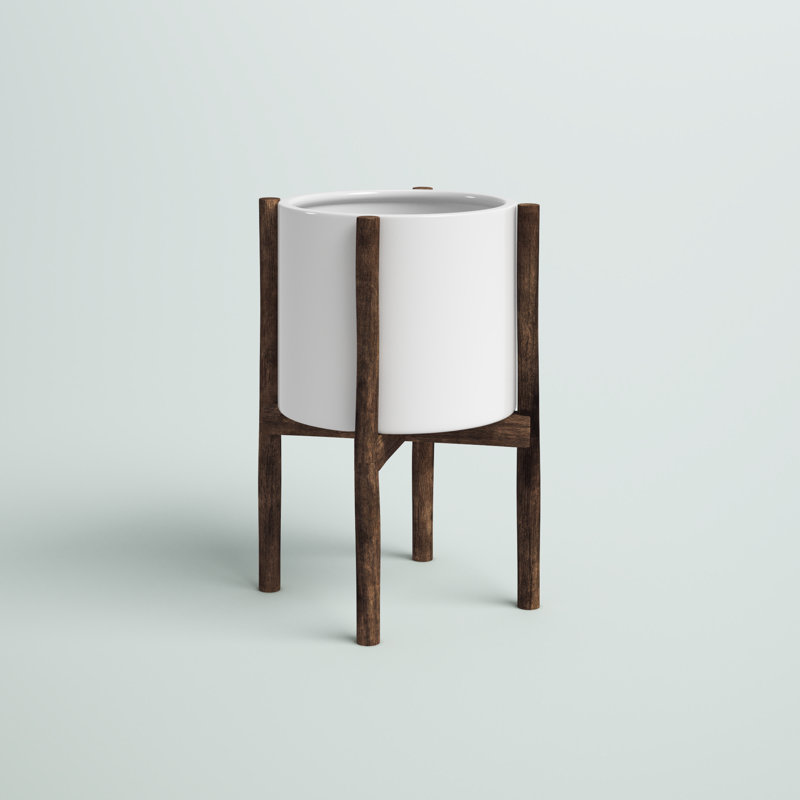 Handmade Pot Planter, White/Dark Walnut, 19" H X 12.5" W X 12.5" D