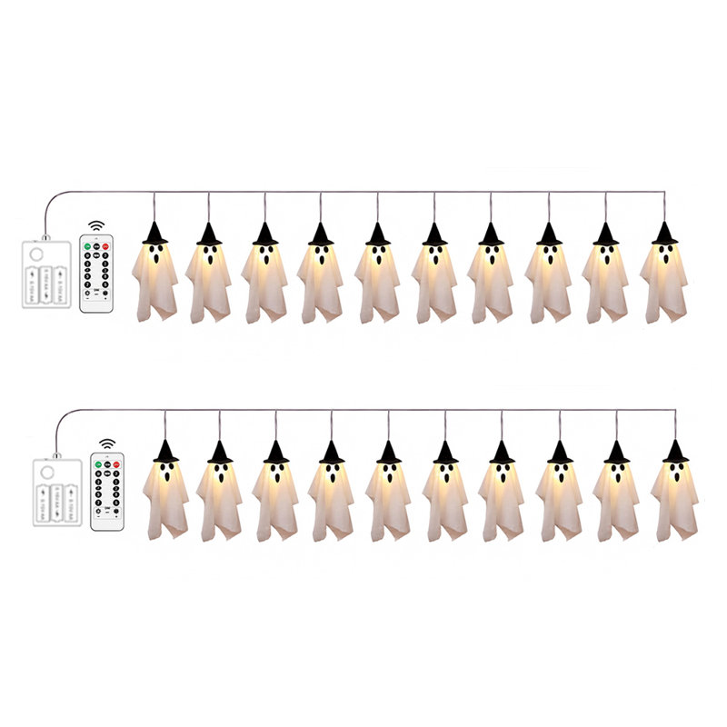 Lot de 2 guirlandes lumineuses fantômes de 2,74 m (9 pi) avec chapeaux de sorcière pour l'Halloween, à utiliser à l'intérieur comme à l'extérieur (porche, jardin, etc.).