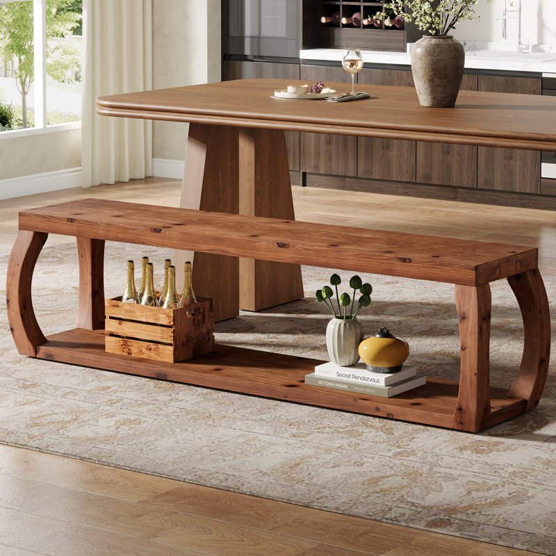 59" 2-tier Solid Wood Dining Bench With Open Shelf