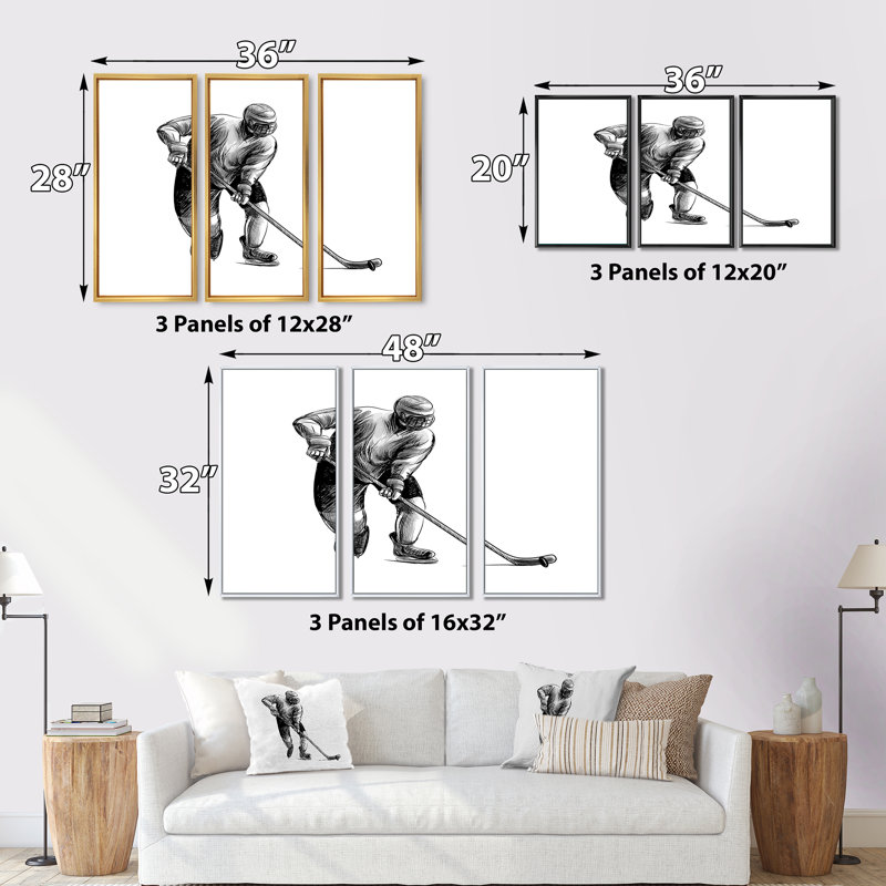 Esquisse d'un joueur de hockey dans un sport d'hiver - reproduction de cadre flottant 3 pièces sur toile, Cadre naturel