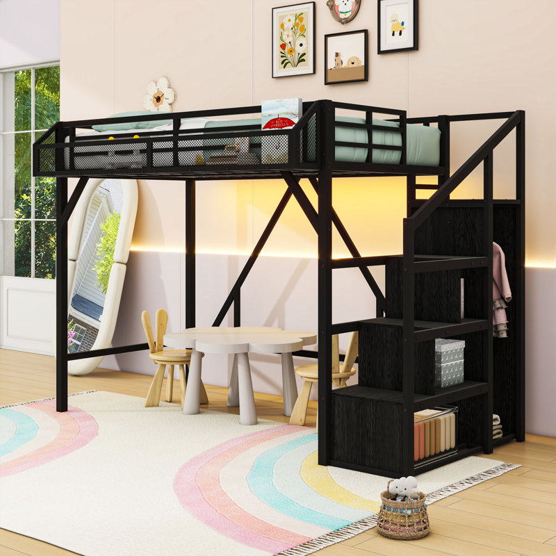 Metal Loft Bed with USB Ports, Shelves, Light Strip and Stairs, Twin, Black