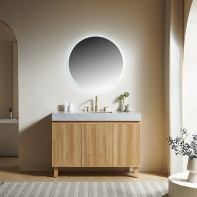 Meuble-lavabo LULA 48, meuble sur pied, comptoir en pierre frittée gris Carrara veinée et lavabo en céramique avec entraxe de 20 cm (8 po), 3 trous, démonté, sans robinetterie ni bonde, couleur bois naturel