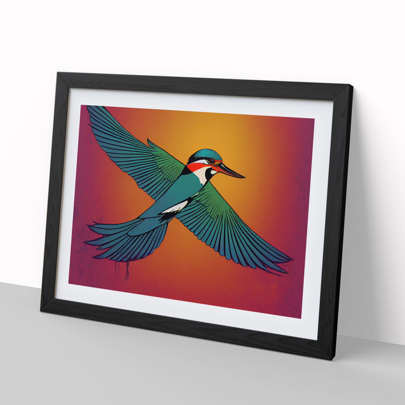 Hypnotic Kingfisher Bird - Single Picture Frame Print, Black, 46cm H x 64cm W x 2cm D