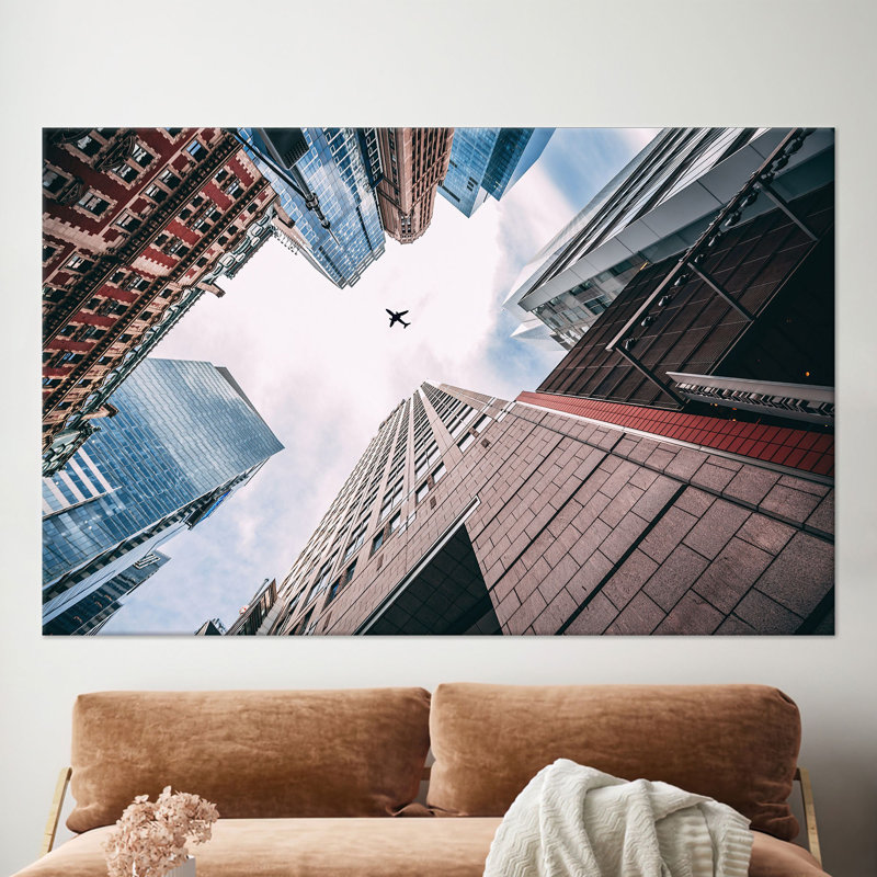 Personalized Sky Artwork Featuring A Plane In Sky Over Cityscape For Office Decor On Canvas, 39" H x 93" W, Does Not Apply