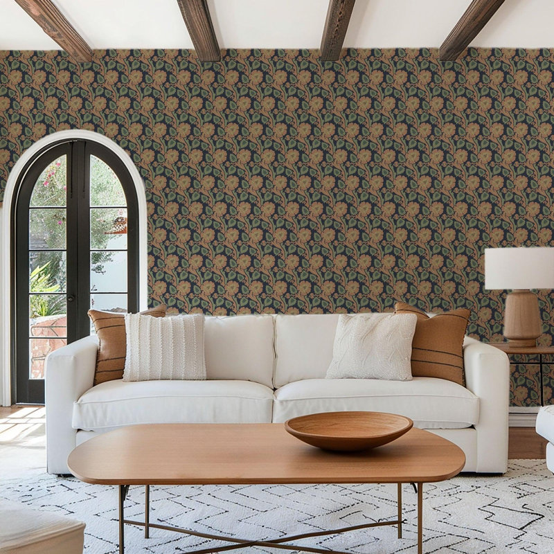 Paisley Briar - Cypress Green Botanical Wallpaper, Black; Red; Green, Faux Grasscloth, Non-Pasted