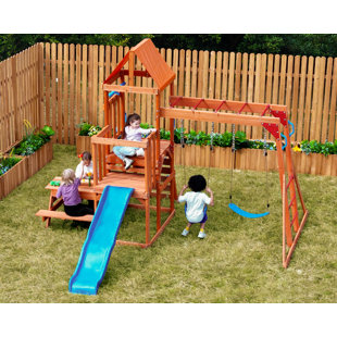 Dolphin Playground Cedar Wooden Swing Set With Monkey Bars, 2-In-1 Table & Wave Slide – Outdoor Backyard Playset For Kids