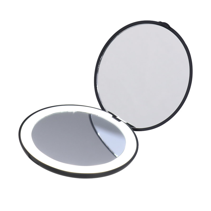 Infinity LED Compact Mirror with Strip Light, Bifold Wireless Compact Mirror with Magnifying Glass, Black