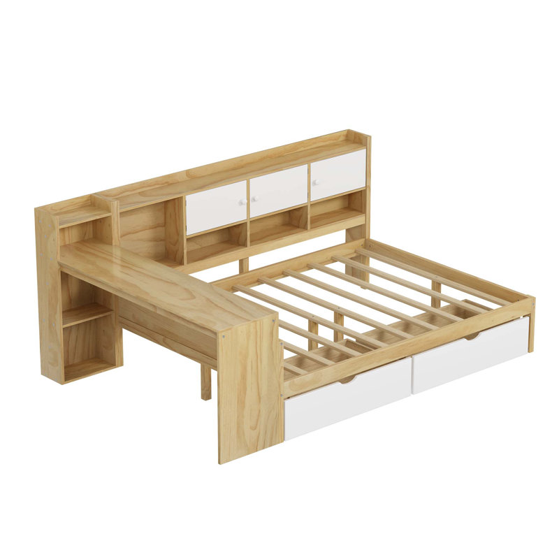 Wooden L-Shape Daybed With Seven Storage Cabinets And Two Storage Drawers, Multi-Functional Bed With Study Desk And Built-In Bookshelf