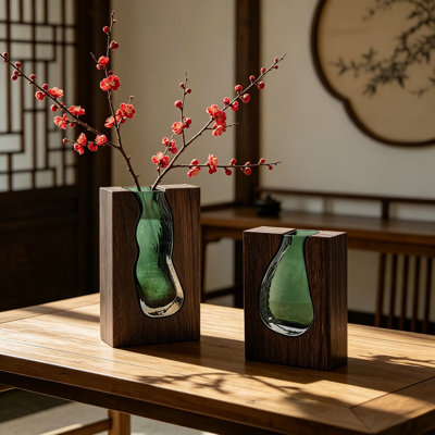 Wood And Glass Inlay Vase Set, Modern Farmhouse Decorative Vase With Asymmetrical Wood Base For Flowers, Centerpiece For Fireplace, Living Room, Bedroom, Office Desk