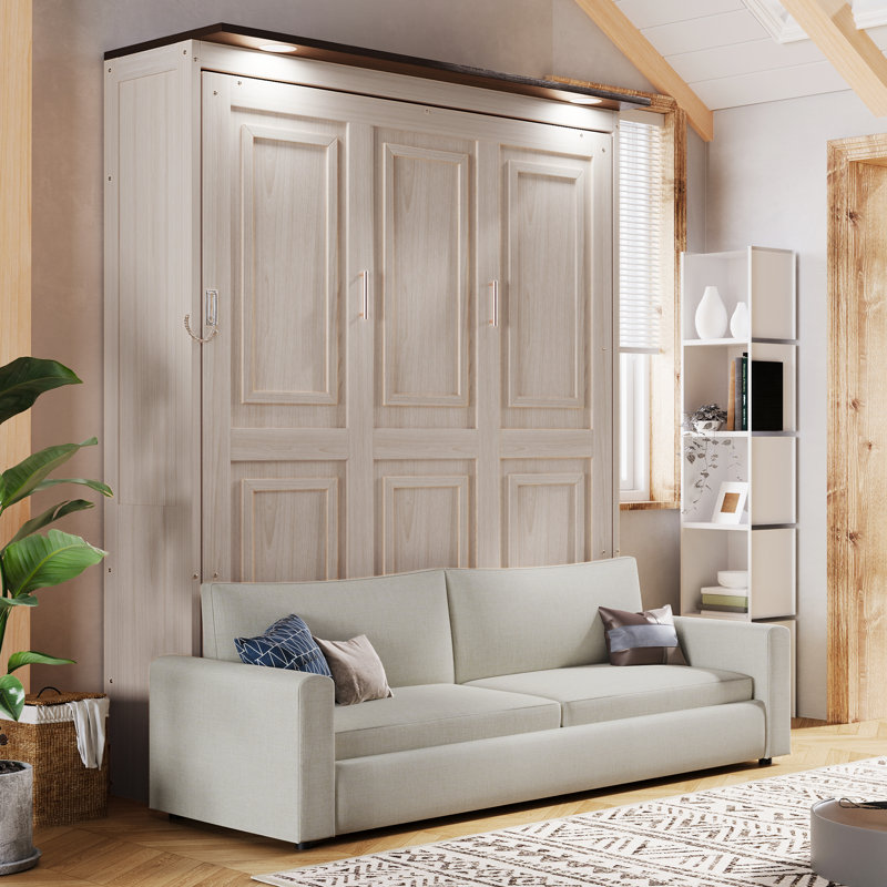 Grand lit escamotable grand avec canapé et DEL, beige