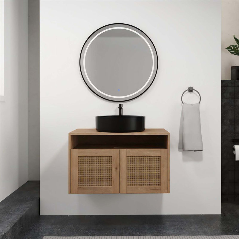 Meuble-lavabo mural de 30 pouces avec lavabo en céramique noire, portes à fermeture en douceur et fabrication en contreplaqué durable