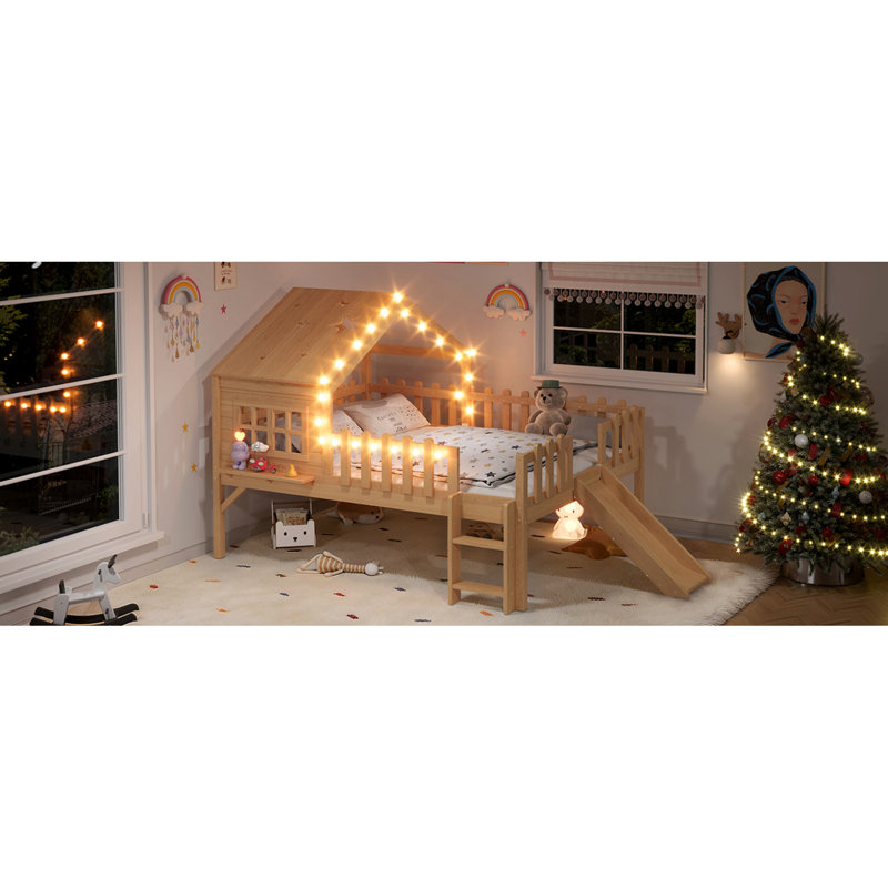 Full  Size House Loft Bed With Slide,Playhouse Bed With Star Moon-Shaped Designs And Window, Chic Design With LED Lights,No Box Spring Needed,Natural