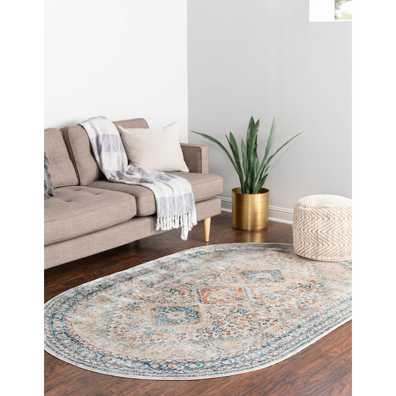 Tapis beige / bleu / gris Kaleigh, Ovale 5 pi 3 po x 8 pi