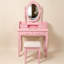 Ensemble de coiffeuse avec miroir et tabouret rembourré Pink Princess, coiffeuse à maquillage en bois à 4 tiroirs