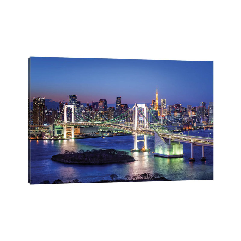 Rainbow Bridge And Tokyo Tower At Night, Odaiba, Tokyo, Japan by Jan Becke - Wrapped Canvas Print, 30.48 cm H x 45.72 cm W